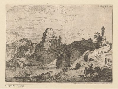 老朽化した橋の横にある門の廃墟のある風景 作： Christian Wilhelm Ernst Dietrich