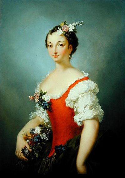 花を持つ女性の肖像」（油彩・パネル） 作： Christian Wilhelm Ernst Dietrich