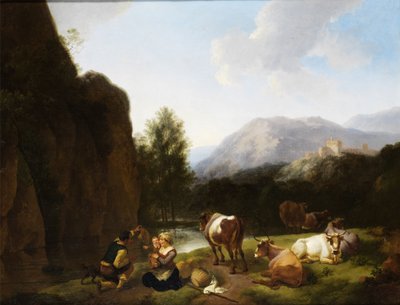 川辺で牛の隣で休む家族 作： Christian Wilhelm Ernst Dietrich