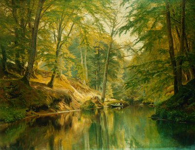 ボートに乗った人物のいる森のある川の風景、1893 作： Christian Zacho