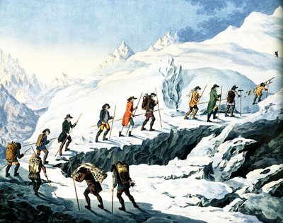 1787年8月、オラス＝ベネディクト・ド・ソシュールによるモンブラン第2登。 作： Christian von Mechel