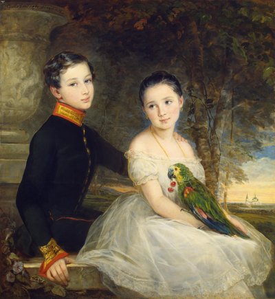 オウムを連れた子供たち パー・ロバートソン、クリスティーナ（1796-1854 作： Christina Robertson