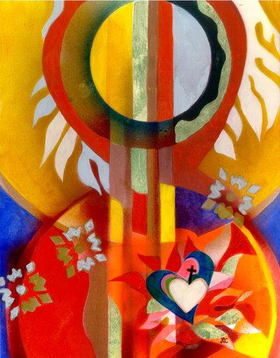 聖心の聖母, c. 2010 (パネルにアクリル、金箔) 作： Christina Saj