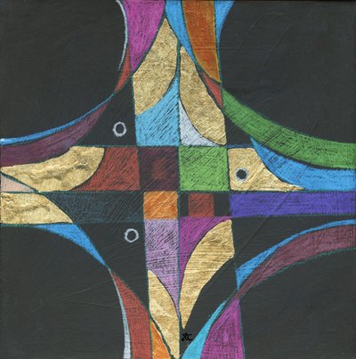 Sign Of The Cross, c. 2013（パネルにアクリル、色鉛筆、金箔） 作： Christina Saj