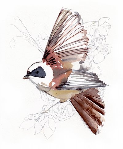 空を飛ぶ水彩画の鳥 作： 