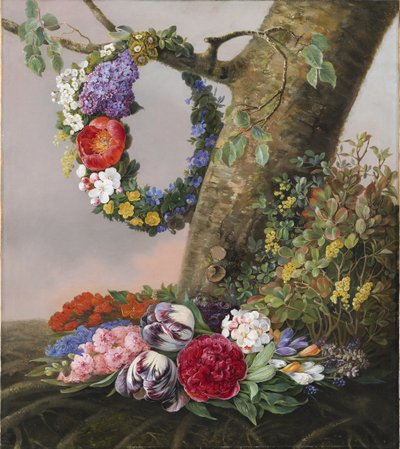 木の根元に花束。 花輪が枝にぶら下がっています 作： Christine Løvmand