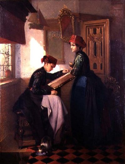 Hindeloopen Girls in an Interior (油彩・パネル) 作： Christoffel Bisschop