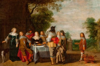 公園のテーブルでの会社（キャンバスに油彩） 作： Christoffel Jacobsz Laemen van der