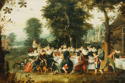 樹木が茂った清算席の宴会テーブルに座った優雅な人物像、 作： Christoffel Jacobsz van der Lamen