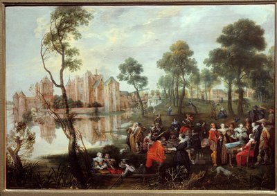 胆沢な情景の公園でのおやつ。クリストフ・ファン・デル・ラメン（1606-1651）の絵 作： Christoffel Jacobsz van der Lamen