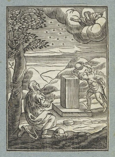 アブラハムとの神の契約。 ヤコブは寝床の石に油を注ぐ 作： Christoffel van Sichem (II)