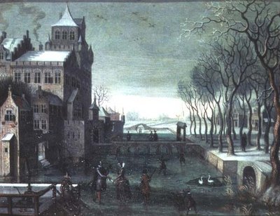 濠のある城のそばでスケートをする人々のいる冬の風景 作： Christoffel van den (circle of) Berghe