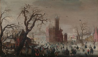 アイススケーターと架空の城のある冬の風景1615-20。 作： Christoffel van den Berghe