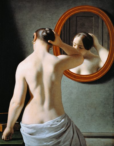 鏡の前で髪を整えるヌードの女性 作： Christoffer Wilhelm Eckersberg
