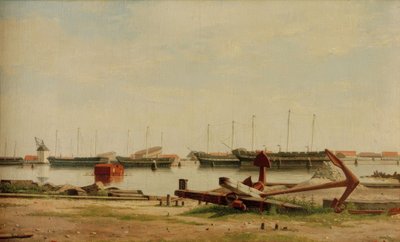 クレーンと軍艦のあるニホルムの眺め 作： Christoffer Wilhelm Eckersberg