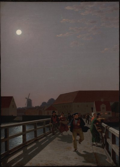コペンハーゲンのランゲブロ、月明かりの中、走る人影とともに 作： Christoffer Wilhelm Eckersberg