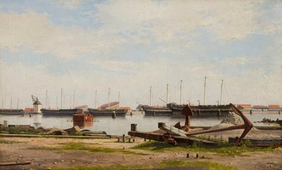 クレーンと軍艦が並ぶナイホルムのロット 作： Christoffer Wilhelm Eckersberg
