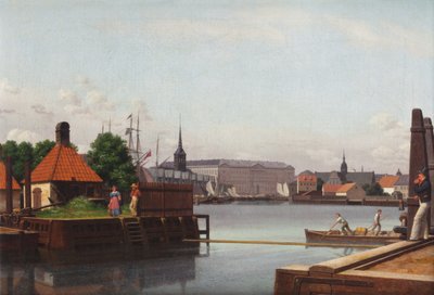 アジアティックカンパニーのサイトから見た、ブルス、クリスチャンスボー、ホルメンの教会。 作： Christoffer Wilhelm Eckersberg