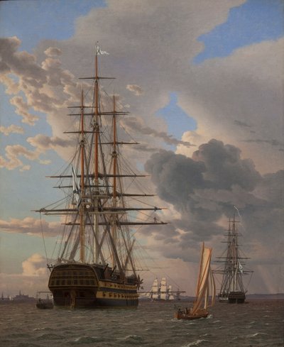 ロシアの戦列艦「Asow」とエルシノア道路のアンカーにあるフリゲート艦 作： Christoffer Wilhelm Eckersberg