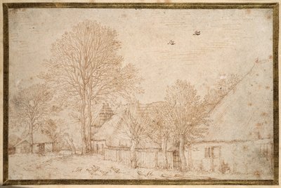 茅葺きの建物、裸同然の木、雁の群れ（紙にペン＆インク 作： Kosma Sergejewitsch Petrow Wodkin