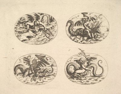海の怪物を描いたプッティ、ノイエ・グロテッケン・ブーフのプレート、1610年。 作： Christoph Jamnitzer