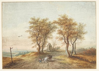 田舎道とチャペルの周りの木々のある風景 作： Christoph Ludwig Agricola