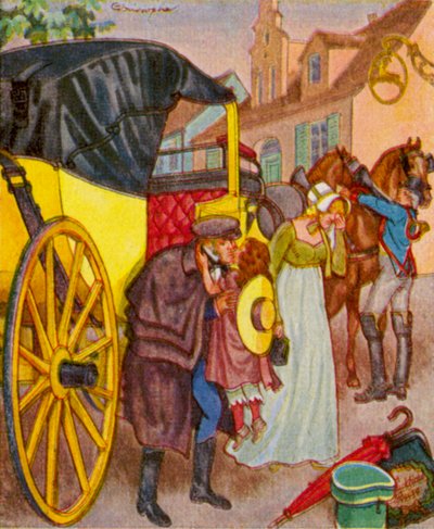 Abreise In Der Kalesche／馬車での出発（カラーリトグラフ） 作： Christophe (1856 1945)