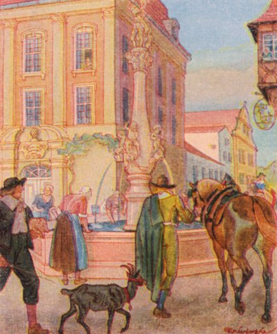 Brunnen Und Tranke/噴水と飲み水桶（カラーリトグラフ） 作： Christophe (1856 1945)