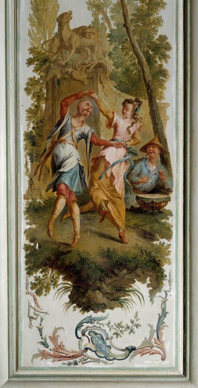 シノワズリ。クリストフ・ユエ（1700-1759）が実現したシャンシュル・マルヌ城の大サロンのダンスシーンのパネル 作： Christophe Huet