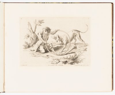 プレート 2、Le Corps de Chasse (狩猟笛)、猿のふざけた態度、または猿によって表される人間の生活のさまざまな行動 作： Christophe Huet