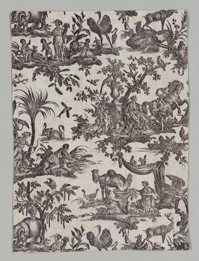 レ キャトル パーティー デュ モンド デザインの銅版画プリント コットンの断片、1788 年。 作： Christophe Philippe Oberkampf