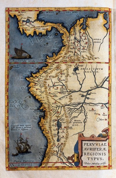 1570 年のエルナンド デ ソトの遠征の記録からのペルーの地図 作： Christophe Plantin