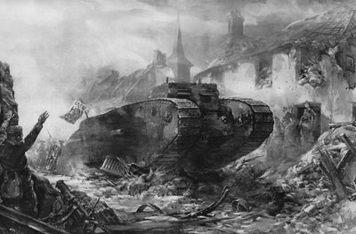 戦時中に初めて装甲陸戦隊が使用された「西部戦線の戦車」（リトグラフ 作： Christopher (after) Clark