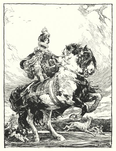 チューダー朝時代の衣装を着た女性が馬に乗って狩りをする様子（リトグラフ 作： Christopher (after) Clark