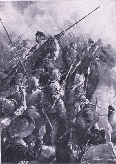 プレストンの戦い 1648年8月17日：パイクの押し合いで、橋から叩き落とされた（「British Battles on Land and Sea」より）。 作： Christopher Clark