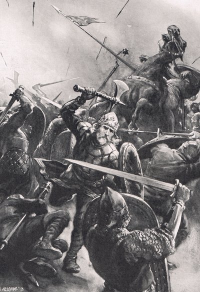 スタンフォードブリッジの戦い、「陸と海のイギリスの戦い」のイラスト、ロンドン、カッセル発行、1910年 作： Christopher Clark