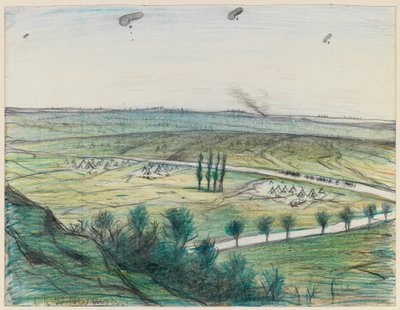 観測風船のある風景、1914〜18年（紙に鉛筆とクレヨン） 作： Christopher Richard Wynne Nevinson