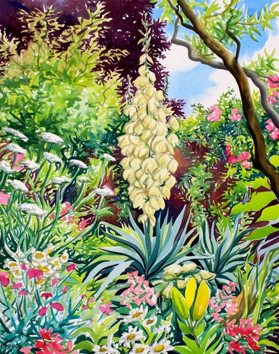 開花ユッカのある庭（紙に水彩） 作： Christopher Ryland