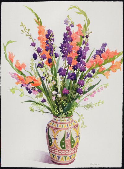 モロッコの花瓶（wc）のラークスパーとグラジオラス 作： Christopher Ryland