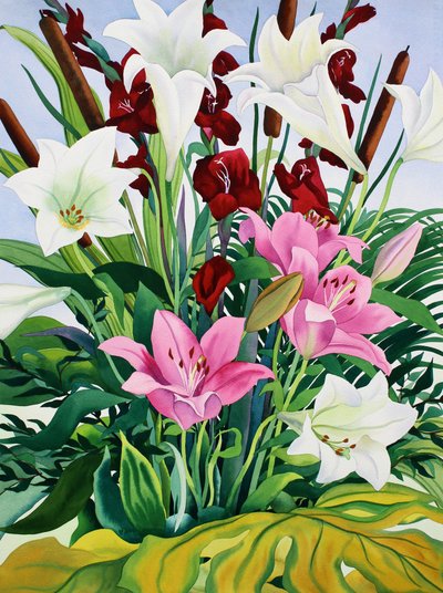 百合とBullrushes（紙に水彩） 作： Christopher Ryland