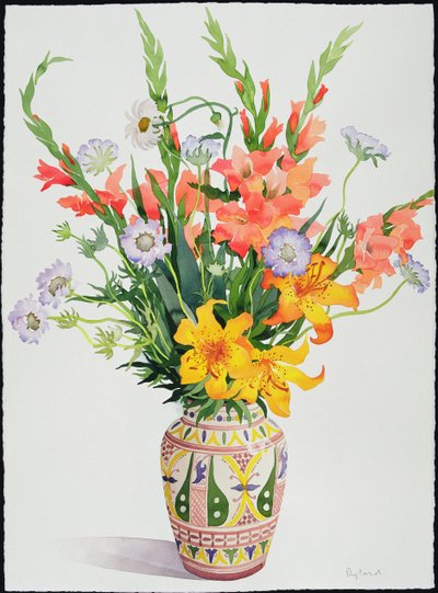 モロッコの花瓶（wc）のオレンジと青の花 作： Christopher Ryland