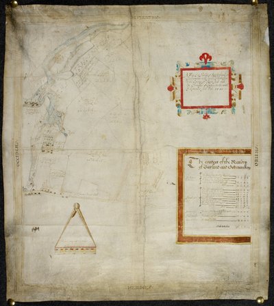 ケント州マーストンとシッティングボーンのベイフォード荘園とグッドマンストン荘園の地図。ケント州: 1590年 (ヴェラムにインクとカラーウォッシュ) 作： Christopher Saxton