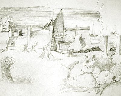 ブルトン島の漁村、1929-30年頃（紙に鉛筆） 作： Christopher Wood