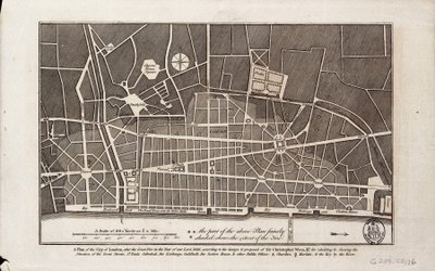 1666年の大火後のロンドン市の平面図（印刷物） 作： Christopher Wren