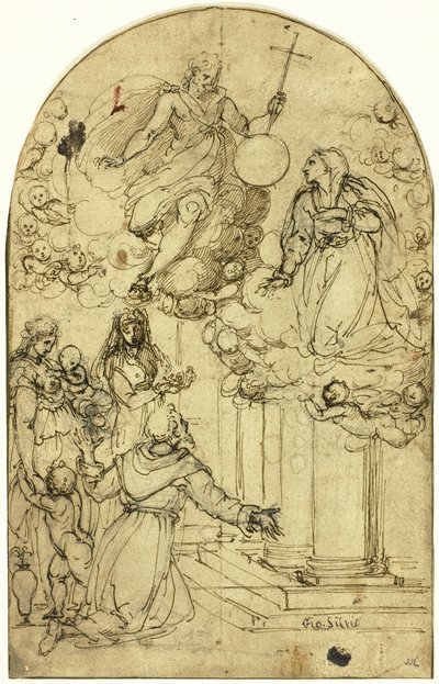 Portiuncula (直腸) でのアッシジの聖フランチェスコのビジョン; 装飾デザイン (裏面) 作： Circle of Alessandro Allori