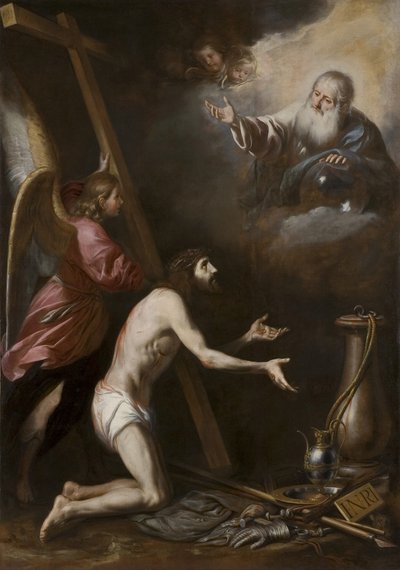 スペイン語：Cristo flagelado arrodillado ante Dios Padre（父なる神の前に跪く鞭打たれたキリスト） 作： Circle of Antonio del Castillo y Saavedra