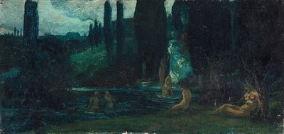 南部の風景の中で夕方に水浴びをする女性 作： Circle of Arnold Böcklin