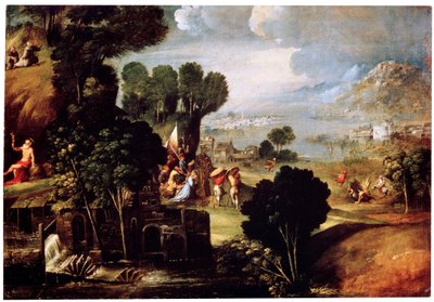 聖人の生活からのシーンのある風景、c1530 作： Circle of Dosso Dossi