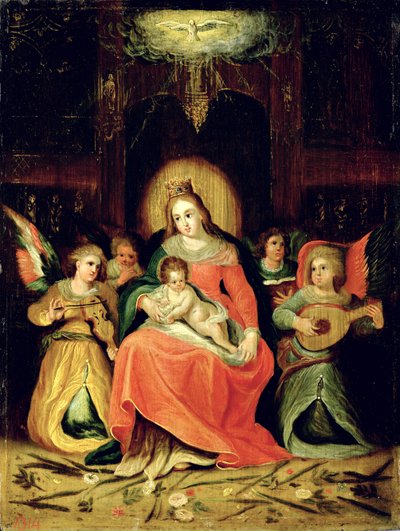 子供と音楽を演奏する天使と聖母マリア 作： Circle of Frans Francken the Younger