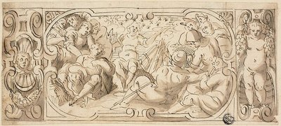 ヨセフが兄弟に夢を解釈する装飾フリーズのデザイン 作： Circle of Giovanni Battista Castello